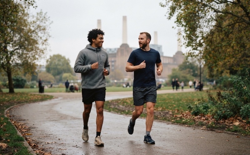 Two runners chatting at an easy pace in Battersea Park, power station behind them
