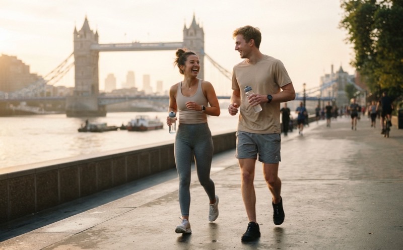 Two runners stride for stride on the Thames path at golden hour, Tower Bridge behind them