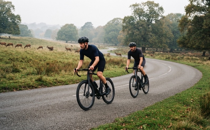 Two cyclists riding through Richmond Park past the deer