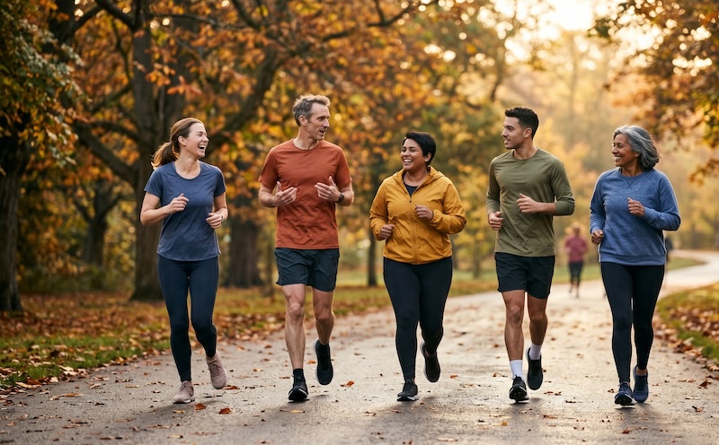 A group of five people of different ages, body types and backgrounds running together on a quiet autumn path